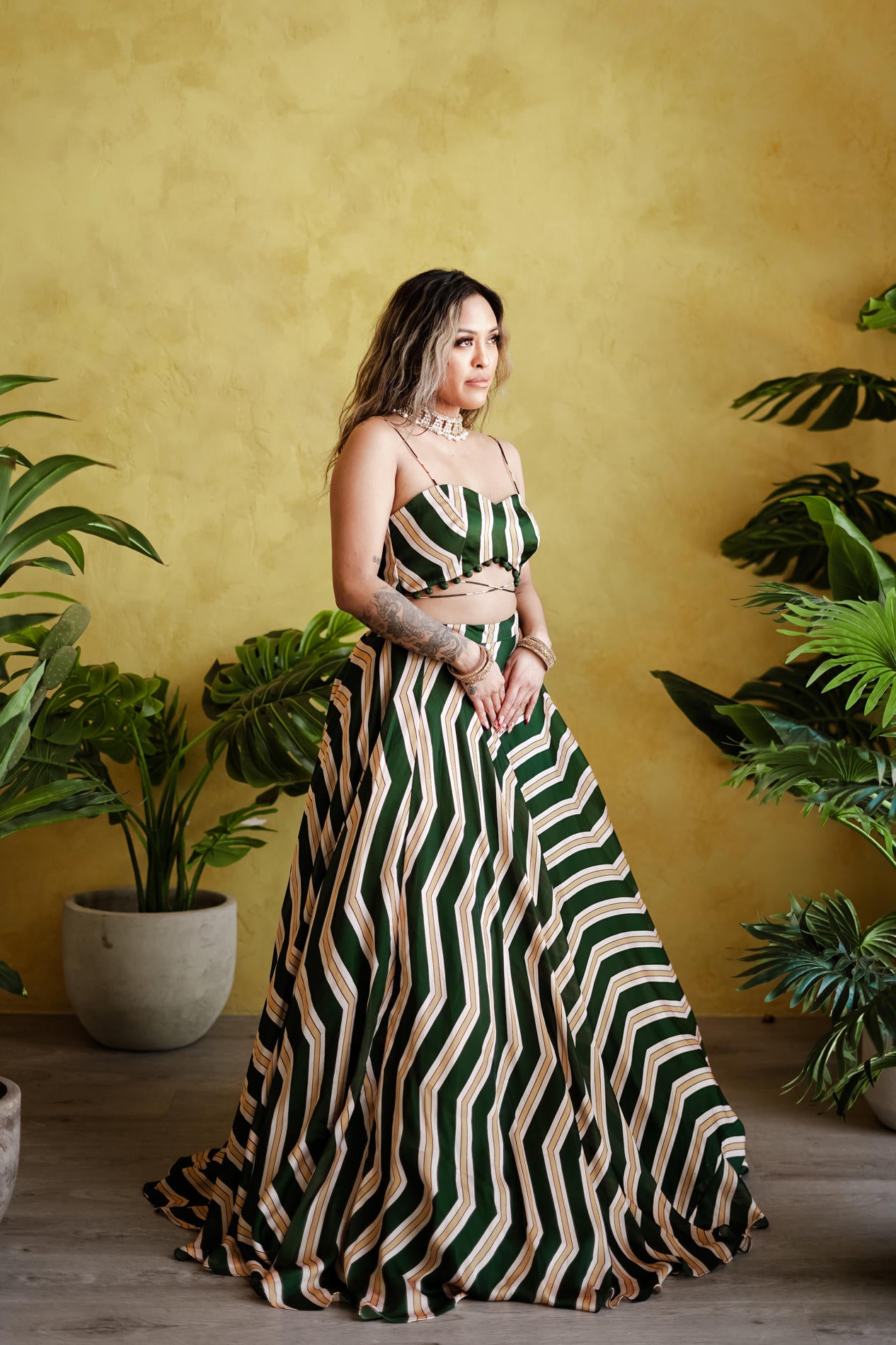 Green Stripes Lehenga Set