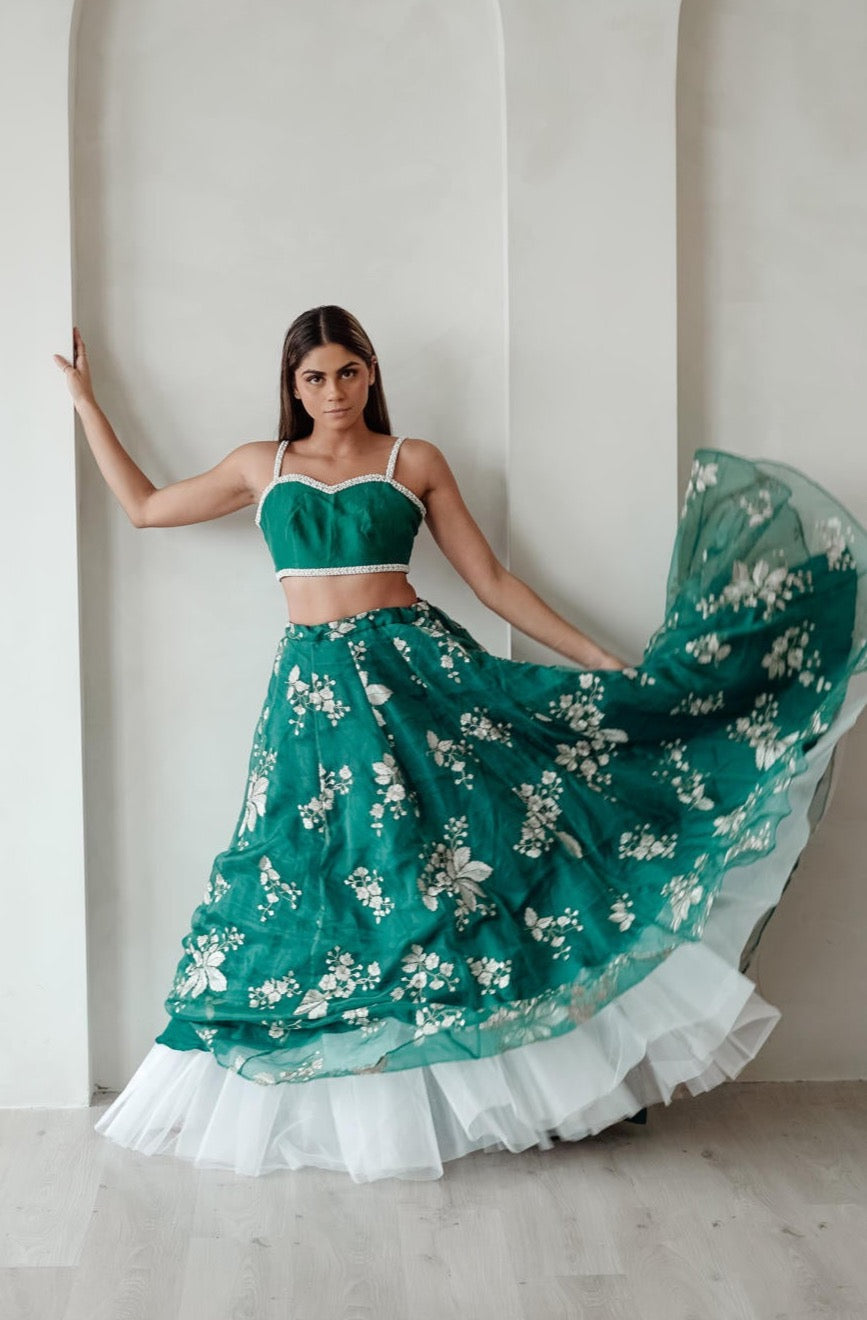 Teal Flower Lehenga Set