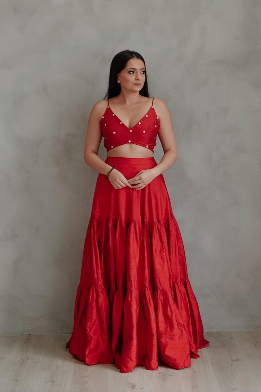 Red Mirror Lehenga Set